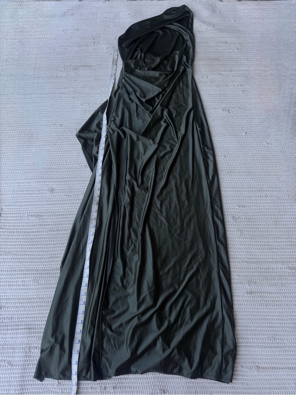 Olive Green One Shoulder Satin Maxi Dress High Slit Formal Evening XL M - Picture 8 of 16
